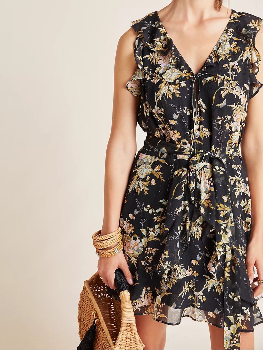PAIGE Tia Floral Print Black Silk Sleeveless Mini V-Neck Dress Tie Waist Sz M